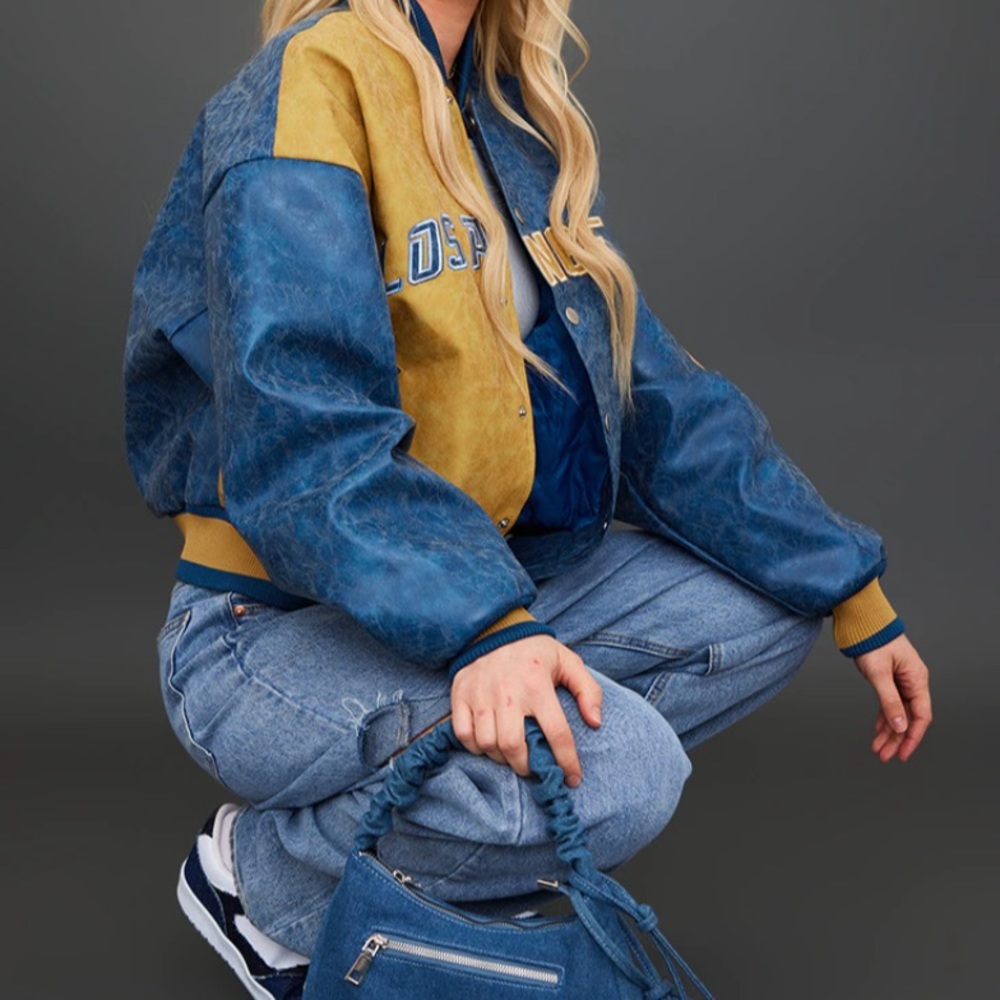 PRETTYLITTLETHING Distressed Leather Varsity Bomber Jacket